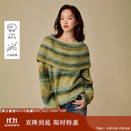茵曼（INMAN）茵曼一字肩大翻領(lǐng)撞色條紋毛衣2025冬女裝新款圓領(lǐng)針織衫 綠色 M