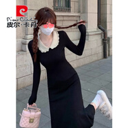 皮爾卡丹（pierre cardin）法式學(xué)院風(fēng)娃娃領(lǐng)長(cháng)袖針織毛衣連衣裙修身打底A字長(cháng)裙秋冬裝 黑色 S (80-95斤)