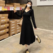 園翌秋冬大碼裙 胖妹妹顯瘦長(cháng)版洋裝 純色V領(lǐng)裙連身裙 XL名媛風(fēng)裙 大 黑色(優(yōu)質(zhì)版)【OOTD/超顯瘦遮肉/輕熟/顯瘦1 3XL 【160-180斤】