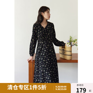 獨(dú)束大碼女裝法式甜美V領(lǐng)碎花連衣裙女春裝新款微胖mm顯瘦茶歇裙 黑底棕花 L (尺碼：2)