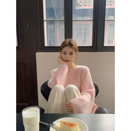 京嚴甄選溫柔粉色馬海毛毛衣女套頭秋冬中長(cháng)款圓領(lǐng)軟糯針織衫上衣 粉色 S S100斤以?xún)?
                                         title=