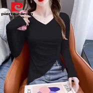 皮爾卡丹（pierre cardin）純.棉秋季修身打底衫2025新款純色v領(lǐng)不規則內搭洋氣長(cháng)袖t恤上衣 黑色今年流行的輕奢品牌 M 建議80-100