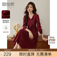 熙世界sllsky浪漫復(fù)古紅色連衣裙女秋冬法式赫本磨毛V領(lǐng)裙子高級(jí)感 復(fù)古紅 L