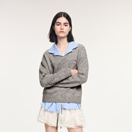 UOOYAA/烏丫2025冬季新款V領(lǐng)襯衫假兩件套頭毛衫 灰色 S