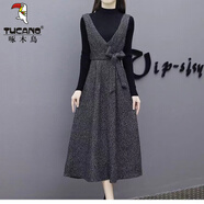 啄木鳥(niǎo)2025秋冬季長(cháng)款加厚背帶裙套裝修身洋氣連衣裙顯瘦時(shí)尚套裝裙女士 深灰色【單連衣裙】 M 80-95斤