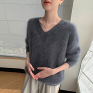 沙馳（SATCHI）顯瘦寬松拉絨山羊絨女毛茸茸毛衣加厚保暖絨感2025秋冬白色針織衫 大象灰 M