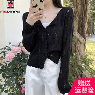 AEMAPE鏤空針織開衫外套小衫女2025秋冬新款小個子v領(lǐng)短款百搭休閑上衣 黑色 S 建議90-100斤