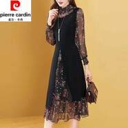 皮爾卡丹（pierre cardin）女裝春秋季新款時(shí)尚氣質(zhì)修身假兩件中長(zhǎng)款雪紡碎花長(zhǎng)袖連衣裙氣質(zhì) 黑花 2011 4XL 建議145-160斤