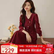 熙世界（sllsky）浪漫復(fù)古連衣裙女秋冬公主裙法式赫本生日禮裙子高級感本命年女裝 復(fù)古紅 L