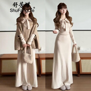 舒芳蝶（shufangdie）巨好看斗篷針織連衣裙女秋冬2025新款富家千金風(fēng)韓系穿搭套裝長(cháng)裙 燕麥色外套+杏色連衣裙【套裝】 XL