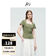 H's深U領(lǐng)T恤女25夏新款設(shè)計感法式包肩高支密薄款親膚短袖上衣 橄欖綠 M