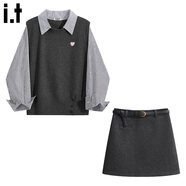 :CHOCOOLATE it女裝潮牌秋冬連衣裙假兩件條紋針織衫上衣毛呢半身裙女兩件套 灰色上衣+灰色配皮帶裙 XL