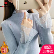 AEMAPE加絨厚加厚毛衣女外穿秋冬新款修身針織洋氣內搭上衣蕾絲打底衫 波點(diǎn)花邊藍色 加絨 M 95-105斤