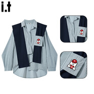 :CHOCOOLATE  it女裝連衣裙高級感披肩條紋襯衫搭配咖色A字半身裙秋冬兩件套 藍色襯衫 【均碼】 S