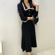 2025韓版秋冬娃娃領(lǐng)撞色針織連衣裙女 黑色 均碼