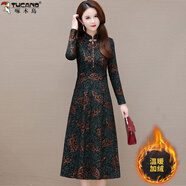 啄木鳥(niǎo)媽媽改良旗袍連衣裙女新中式國風(fēng)春秋冬高檔大碼加厚顯瘦復古裙子 祖母綠（加絨加厚） 有口袋 XL 建議90-105斤