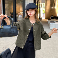 歐潤娜時(shí)尚復古牛仔工裝外套女春秋季新款小個(gè)子百搭寬松機車(chē)服夾克上衣 灰綠色 S