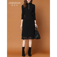 GEBASHAN 2025年秋冬針織連衣裙子女保暖加絨加厚韓版寬松蕾絲紅色打底裙 黑色 S S建議80-95斤