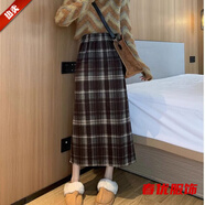 芭瑾圖格子加絨加厚毛呢半身裙拉德秋冬直筒復古咖色格開(kāi)叉長(cháng)裙高腰裙子 棕色+內里黑色絨 M 建議90-110斤內