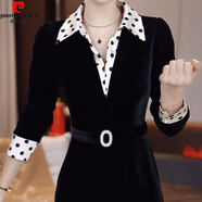 皮爾卡丹（pierre cardin）媽媽春裝打底裙子2025春秋新款洋氣中老年人女裝金絲絨長(cháng)袖連衣裙 白色 M 建議90-105斤