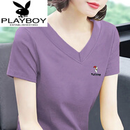 花花公子（PLAYBOY）輕奢品牌高檔女裝2025好棉V領(lǐng)上衣百搭修身休閑打底衫T恤女夏季 【啄木鳥(niǎo)】小標志-短V領(lǐng)-藕紫色 3XL 145-160斤