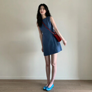 感藍色背心連衣裙女夏季新款簡(jiǎn)約風(fēng)小個(gè)子無(wú)袖設計感顯瘦短裙 藍色 S