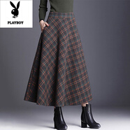 花花公子（PLAYBOY）毛呢半身裙秋季新款長(cháng)裙春秋大碼女裝a字裙秋冬長(cháng)款裙子女百褶裙 【5095#】橘色格子 M 【建議105斤內】