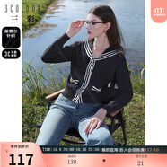 三彩2024秋款撞色條紋海軍領(lǐng)針織衫毛衣開衫顯瘦毛衫簡約女 黑色 S 155/80A