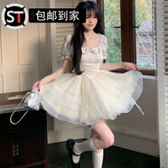 語(yǔ)森憶歐根紗連衣裙超美蝴蝶結提花歐根紗仙女感連衣裙女夏季在逃公主蓬 花色內襯加拉鏈 S 80-96