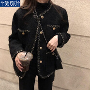 莫代爾小香風(fēng)短外套女2025春秋新款韓版氣質(zhì)粗花呢寬松顯瘦百搭夾克上衣 黑色 L