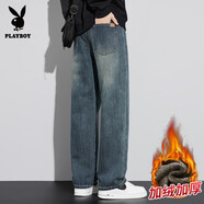 花花公子（PLAYBOY ESTABLISHED 1953）美式直筒牛仔褲男士秋冬2025新款加絨寬松復古闊腿長(cháng)褲子 43復古藍R 【加絨加厚】 29  【建議110-120斤】