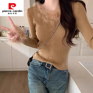 皮爾卡丹（pierre cardin）設計感v領(lǐng)拼接毛毛邊毛衣女內搭秋冬2025新款套頭針織打底衫上衣 卡其色 S 【建議70-95斤】