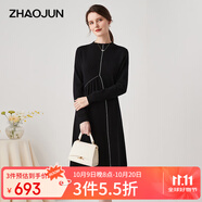 兆君秋冬自帶領(lǐng)羊絨連衣裙女中長款個(gè)性撞色寬松毛衣針織裙山羊絨 黑色 S