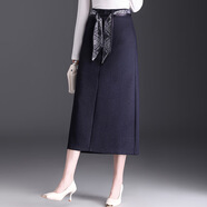 夜葵30歲左右女人穿的氣質(zhì)女裝針織半身裙毛線(xiàn)裙腰帶牛仔直筒女年秋季 藍色有腰帶 M