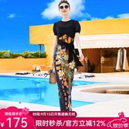 帝弗·潤馳超長(cháng)款到腳踝連衣裙夏裝新款復古印花假兩件大牌奢華過(guò)膝長(cháng)裙氣質(zhì) 黑色短 4XL