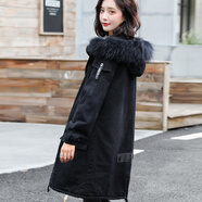 妹丫加絨牛仔棉襖女2025外套冬裝棉衣女中長(cháng)款大毛領(lǐng)加厚外套面包服 圖片色 M