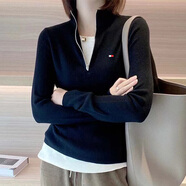 TOMMY JEANS湯米春秋季25新款純色棉針織衫女秋冬女裝t恤立領(lǐng)毛衣假兩件 黑色 M 建議85-105斤