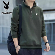 花花公子（PLAYBOY）衛(wèi)衣男春秋長袖T恤上衣休閑寬松運動體恤秋衣打底衫 軍綠 3XL