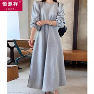 恒源祥加絨長(cháng)款衛衣連衣裙女圓領(lǐng)雙口袋收腰韓國新款chic秋冬簡(jiǎn)約A字裙 灰色 L