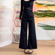 木清清高腰直筒九分西裝褲女秋冬2025新款加絨遮胯顯瘦寬松闊腿休閑褲子 黑色【小個(gè)子】 S