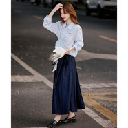 塔馳密司（touchmiss）純棉豎條紋襯衫女時(shí)尚肌理感半身裙套裝2025春秋季新款兩件套 藍色+藏青色 M