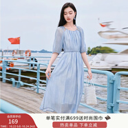 香影溫柔風粉色連衣裙女2025夏季新款超好看五分袖海邊度假沙灘裙 藍色 M