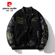 皮爾卡丹（pierre cardin）美式毛巾繡棒球服時(shí)尚拼接毛呢皮袖夾克外套男女冬裝寬松情侶棉衣 黑色【冬季棉衣】 M
