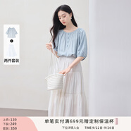 香影中袖襯衫女圓領2025夏裝新款慵懶泡泡袖氣質(zhì)淑女寬松藍色上衣 套裝 襯衫+半裙 L 165/88A/110-125斤