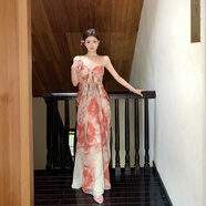 法式絕美吊帶長裙海邊度假綠色印花洋裝海島裙三亞拍照沙灘裙子 紅色繁花 S