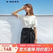 S.DEER圣迪奧女裝夏季時(shí)尚圓領(lǐng)露肩不對(duì)稱荷葉邊短袖T恤S23280113 本白/9B M 165