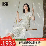 歐莎（OSA）清新V領(lǐng)碎花短袖連衣裙女夏季2025年新款輕薄收腰顯瘦裙子 杏底印花 M