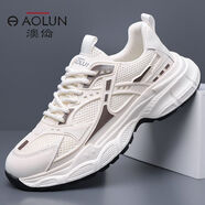 澳倫（aolun）秋季透氣網(wǎng)面增高休閑運(yùn)動(dòng)鞋男鞋競(jìng)速減震跑步鞋 米白色 44