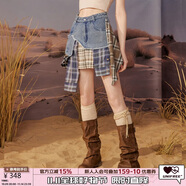 UNIFREE【明星同款】格子拼接牛仔短裙女不規(guī)則辣妹風半身裙 藍色 XL
