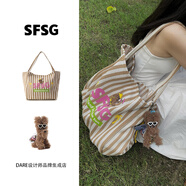 DAre買(mǎi)手店SFSG細條紋夏威夷帆布袋大容量包包媽咪包手提單肩 米色條紋包+亮片連衣裙度假小狗_預售8月初